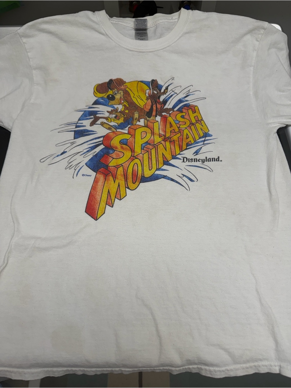 Gildan White Graphic Tee with Yellow and Blue Print